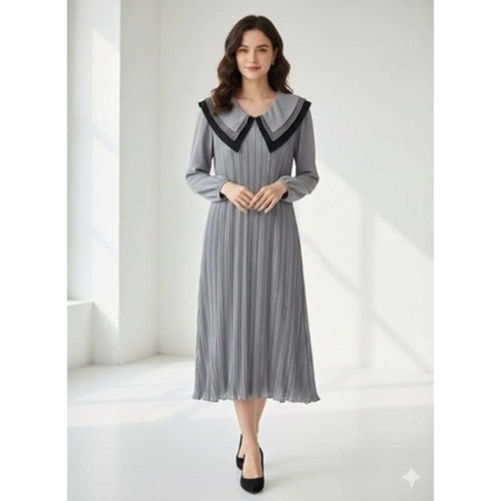 JT‎ Dress pleated dress grey black layered collar long sleeve size S